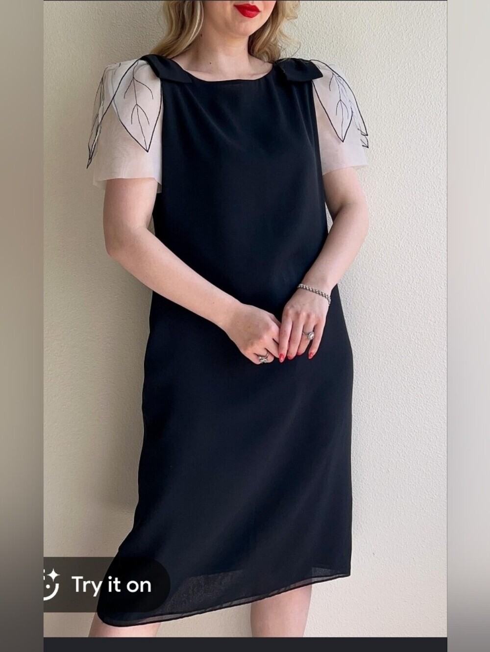 Vintage Darcy Shift Dress with Sheer White Leaf-Detail Sleeves